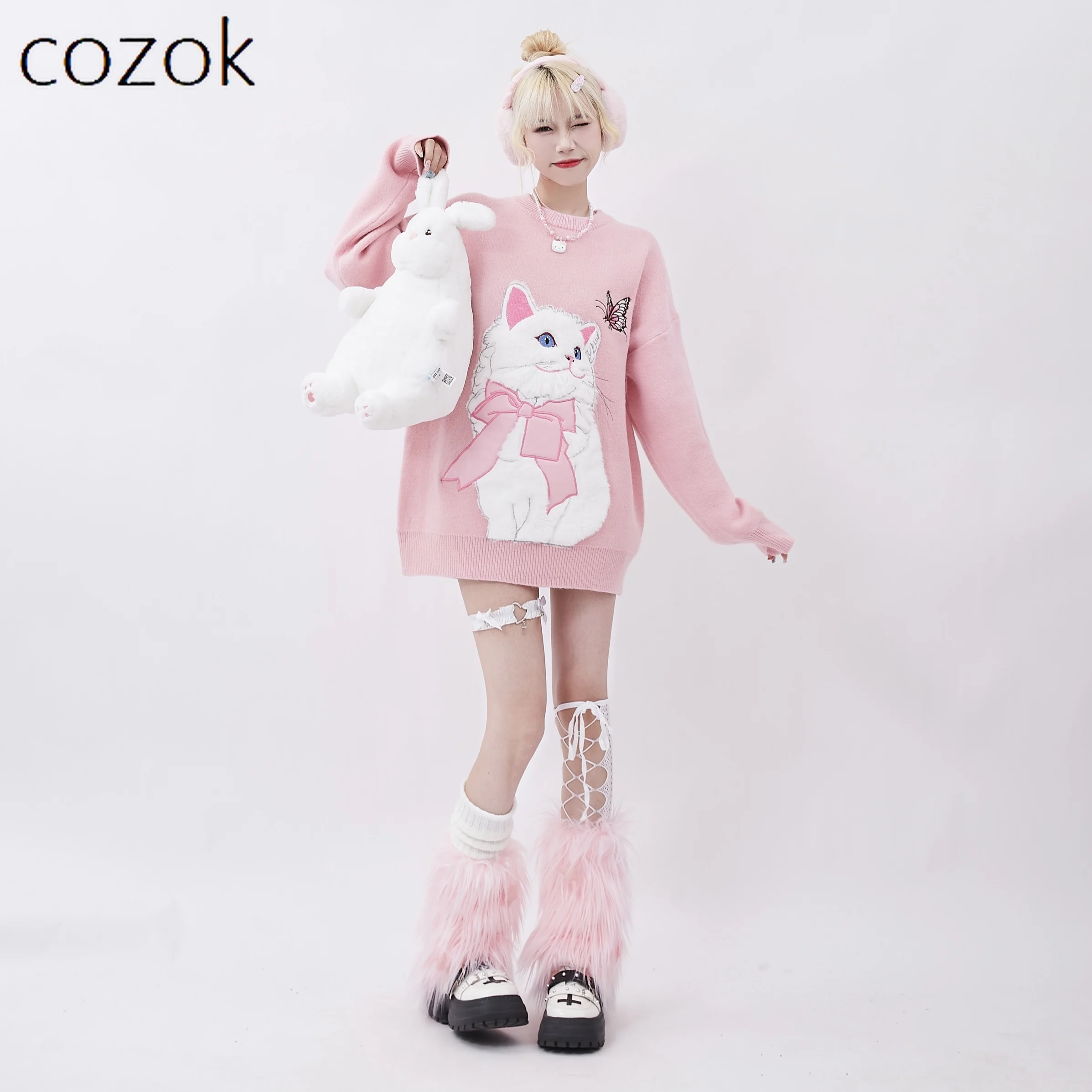 

Sweater Women Autumn Cute Fashion Flocking Cat Design Pullover Knitted Top Elegant Kawaii Loose Long Sleeve Women's Clothing