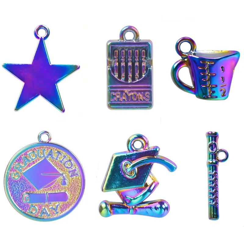 

10pcs/Lot Graduation Hat Charm Round Star Pendant Charms For Jewelry Making Supplies Rainbow Series Metal DIY Jewellry Findings