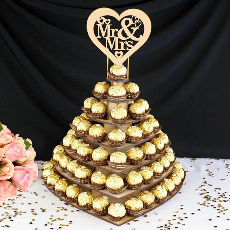 

Wooden Heart-Shaped Love Chocolate Frame Wedding Wooden Ornaments Mr&Mrs Chocolate Stand Display Candy Cupcake Desserts Holder