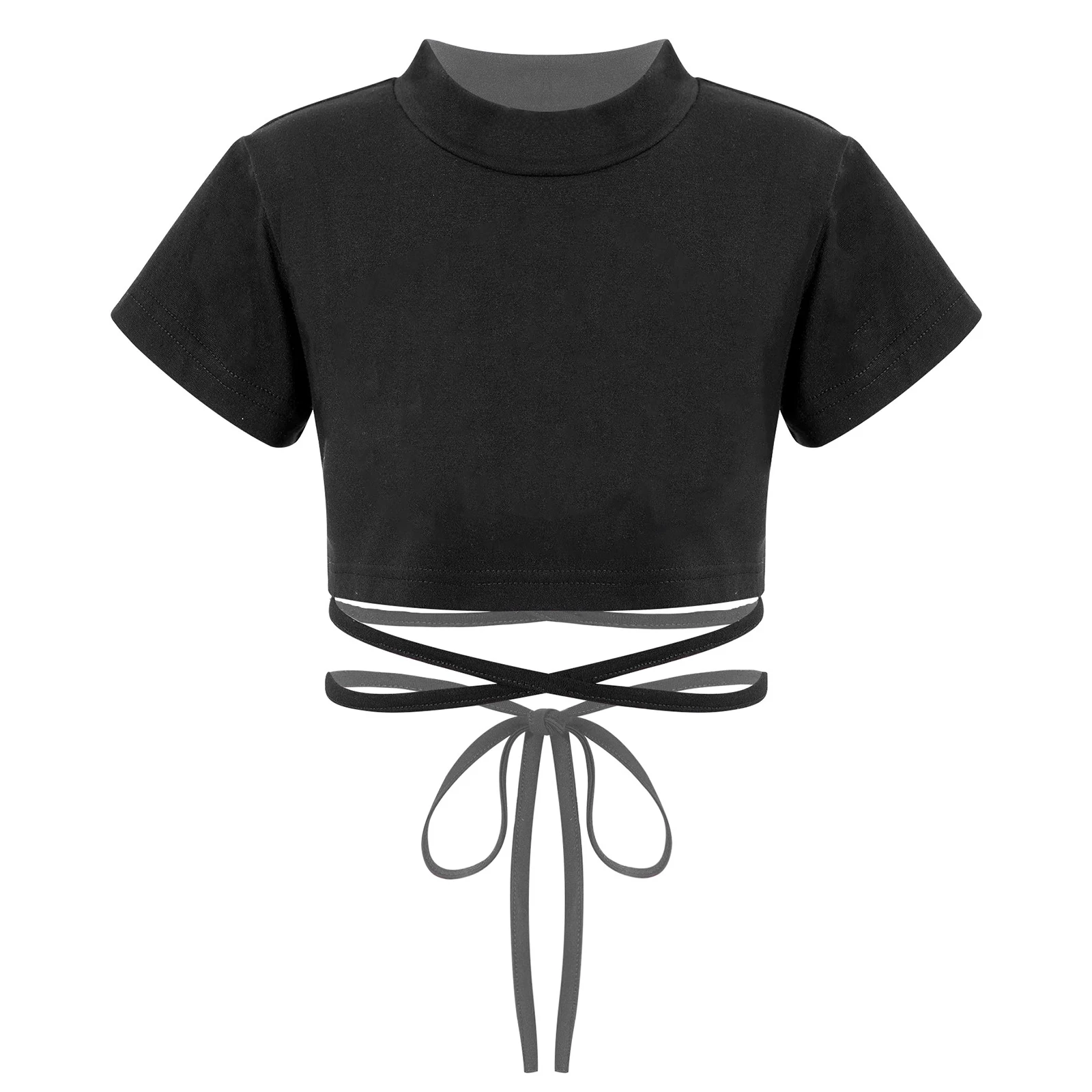 Kids Girls Jazz Modern Dance Clothes Hip Hop Performance Costume Cotton Short Sleeve Sport Crop Top Sash Tie Cross Waist Top