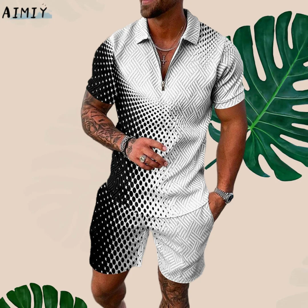 Men's Polo Suit Summer New Fashion Men Sets Printed Short Sleeve Zipper Polo Shirt&Shorts Set for Men Casual Streetwear 2-piece