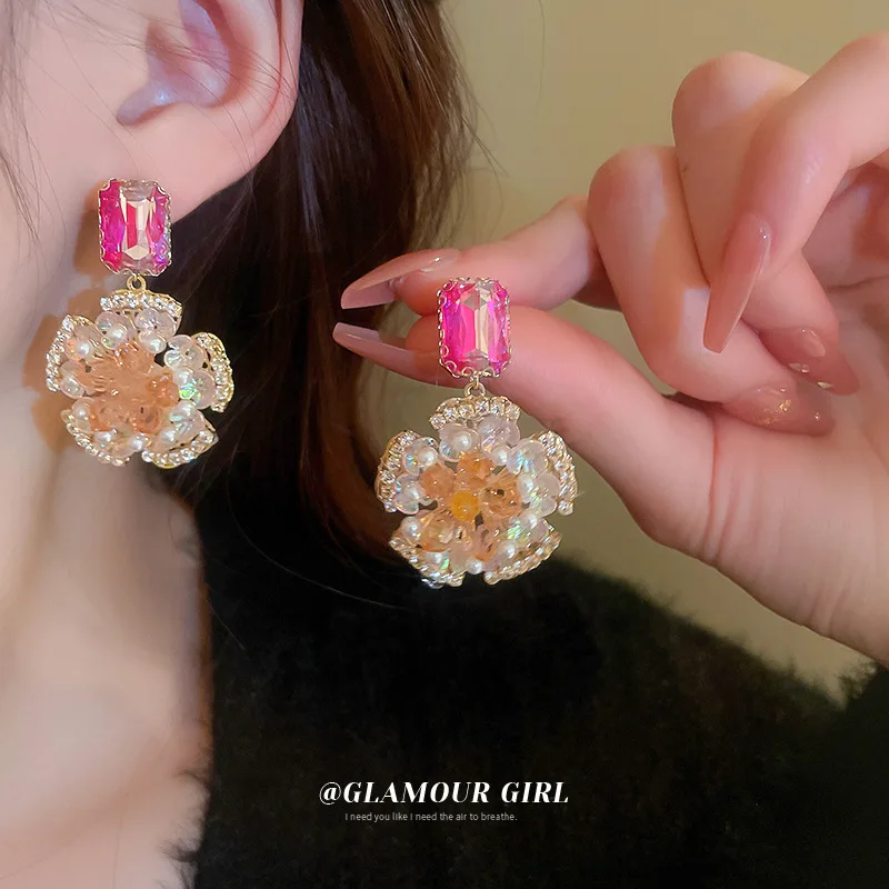 Silver Needle Diamond Crystal Flower Pearl Earrings Light Luxury Senior Temperament New Women