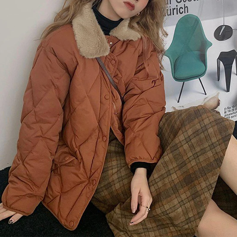MOUKYUN Winter Simple Parkas Thick Warm Women Vintage Cotton Padded Coat Plush Lapel Baggy Long Sleeve Lady Down Jacket