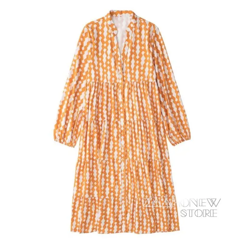 

ZAAHONEW 2022 Summer Women Fashion Printed Midi Dress Female Vintage Crew Neck Button Long Sleeve Elegant Loose Straight Dresses