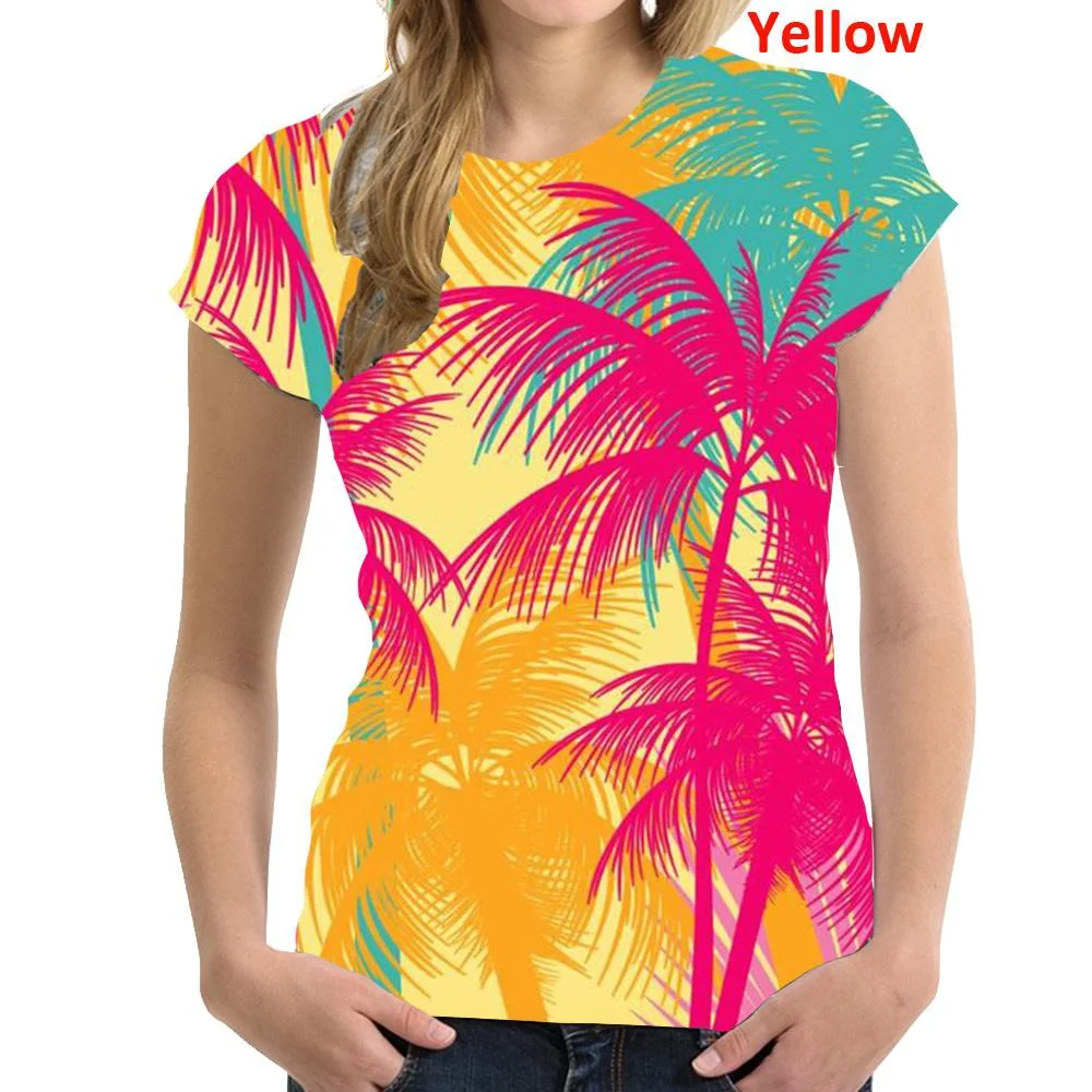 

2023 New Fashion Women's Palm Motif Printed Short Sleeve O-neck Casual Hawaiian Shirt Blouse Top