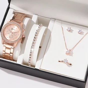 6PCS Set Luxury Women's Watch Ring Necklace Bracelet Earrings Rhinestone Wristwatch