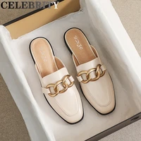woman mules fashion design flat square toe chain backless shoes summer outdoor and indoor office wear white black free delivery