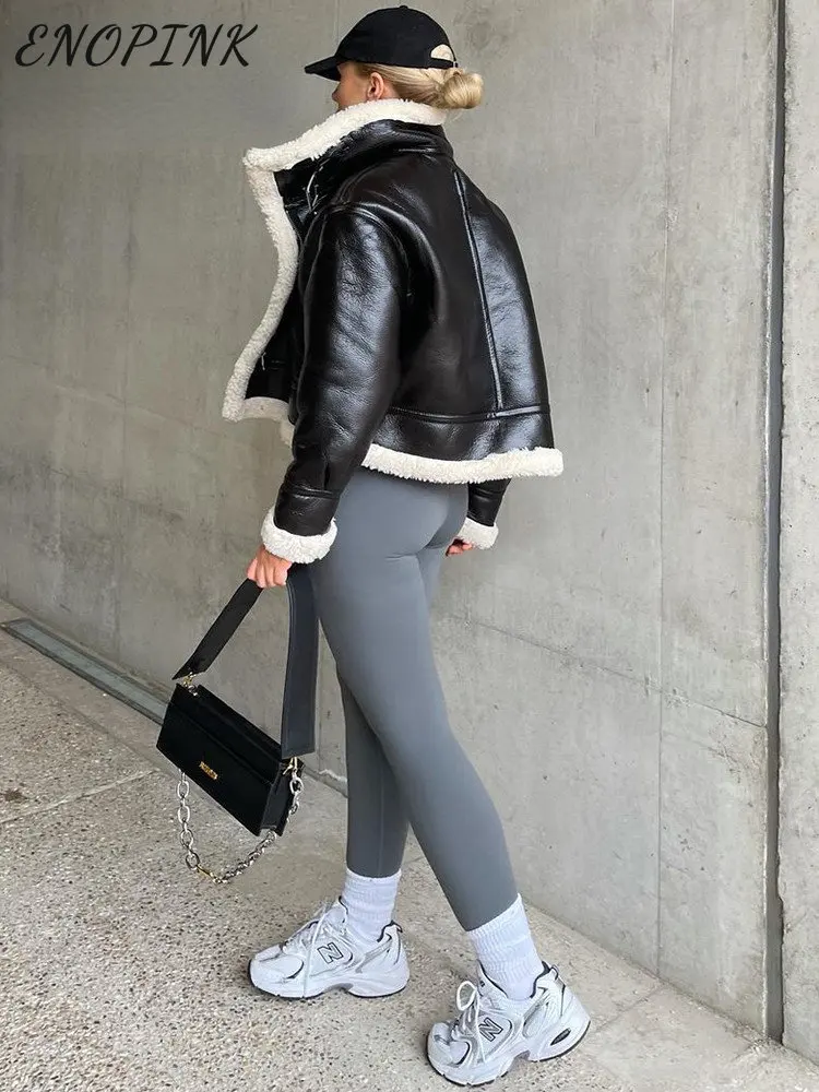 Women Thick Faux Fur Leather Shearling Jacket 2022 Winter Warm Coat Vintage Long Sleeve Flap Pocket Female Outerwear Chic Tops