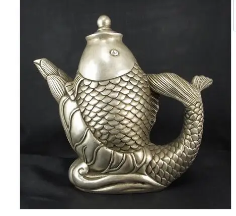 

Chinese White Copper Silver Fish Statue Wine Tea Pot Flagon decoration bronze factory outletsroom Art Statue