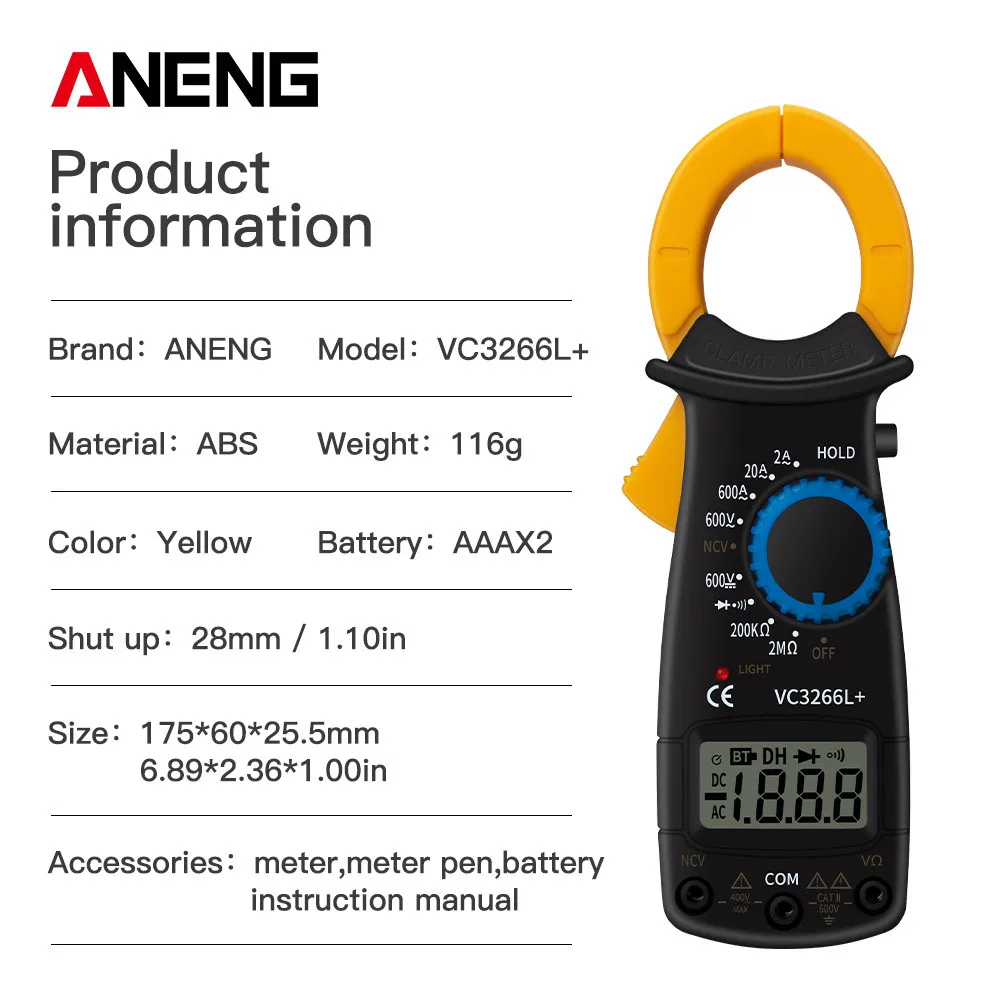 

VC3266L Digital Clamp Meter Ampere Meter Multimeter High Precision Clamp Ammeter 600V AC/DC Ohm Current Voltage Tester Voltmeter