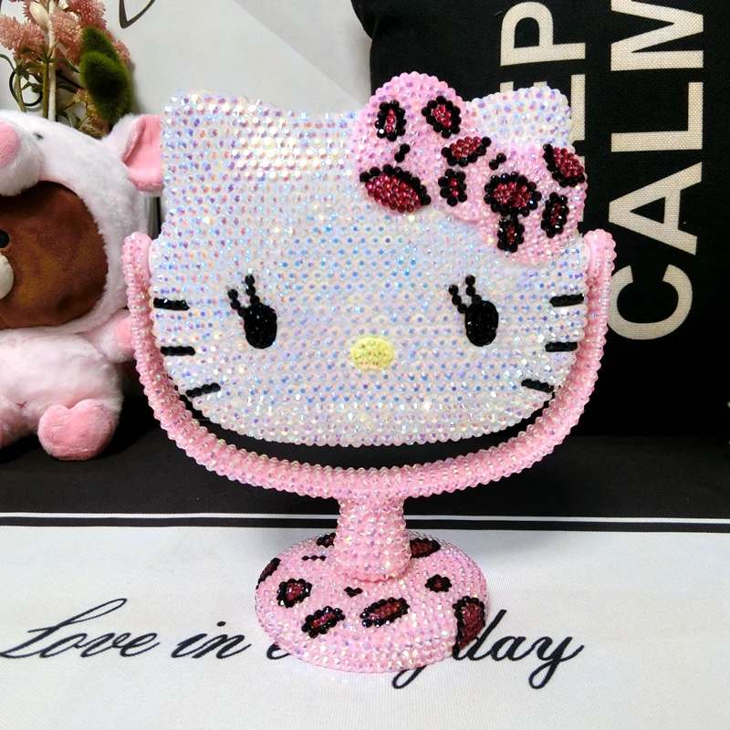 

Sanrio Hellokitty Makeup Mirror Dressing Table Cute Mirror Handmade Diy Flash Drill Rotating Makeup Personality Kawaii Girl Gift