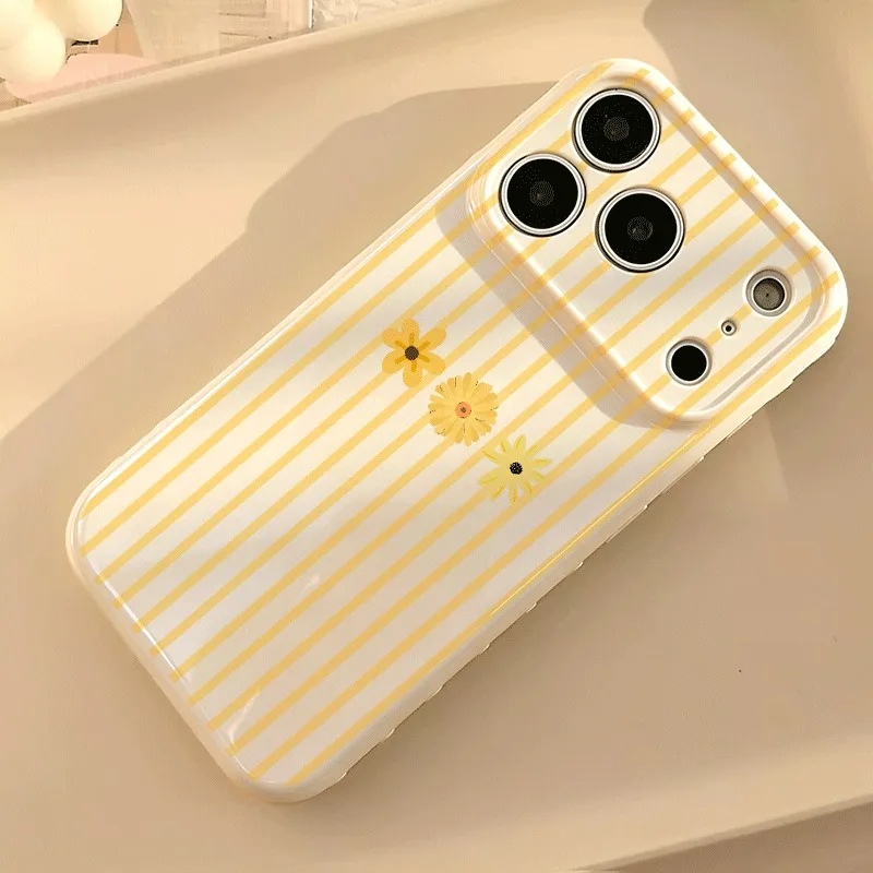 Фото Чехол для iPhone 17 16 Pro Max 15 14 Plus 13 12 Pro 11 12 13 14 15 16 17 с полосатым узором, маленькими желтыми цветами и срезами лимона №2