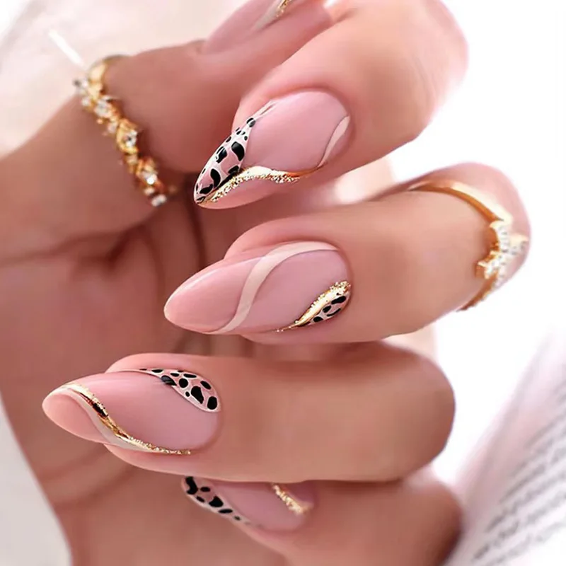 24Pcs Pink Almond False Nails Shiny Golden Ripples Stiletto Fake Nails Detachable Oval Full Cover Press on Nails Tips Manicure 5