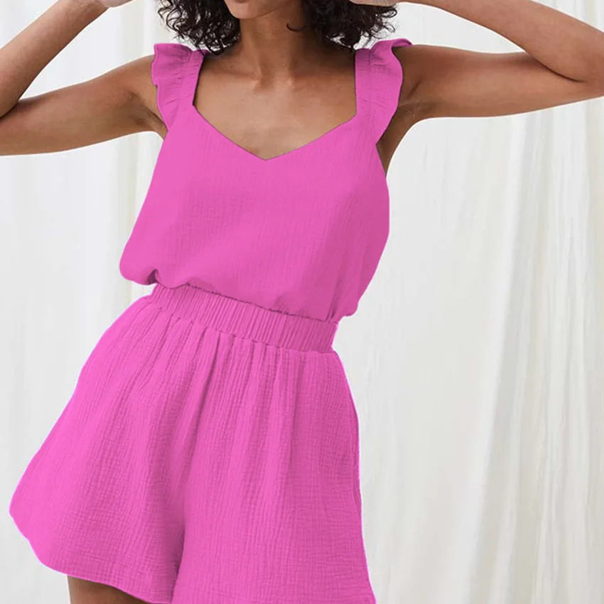 

Summer Autumn Women's Nightwear Sleepwear Set Cotton Linen V-NECK Pajamas Homewear Set For Lady