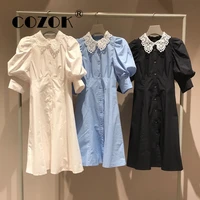 cozok japan style temperament robe sweet vestidos patchwork lace up collar puff sleeve new 2022 women fashion slim waist dresses
