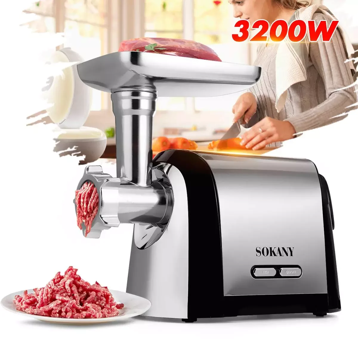 Электрическая мясорубка мощная электрическая из нержавеющей стали 3200 Вт