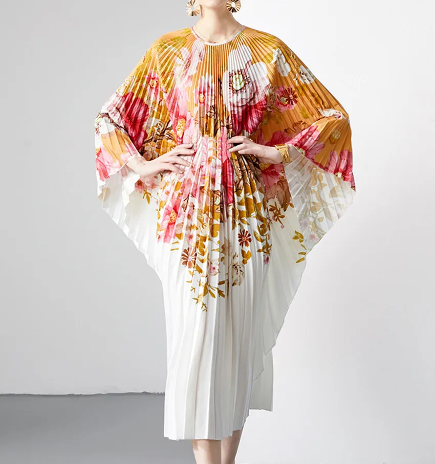 

Женское плиссированное платье миаке, Элегантное Длинное эластичное платье с цветочным принтом, круглым вырезом, рукавами «летучая мышь» и цветочным принтом, лето