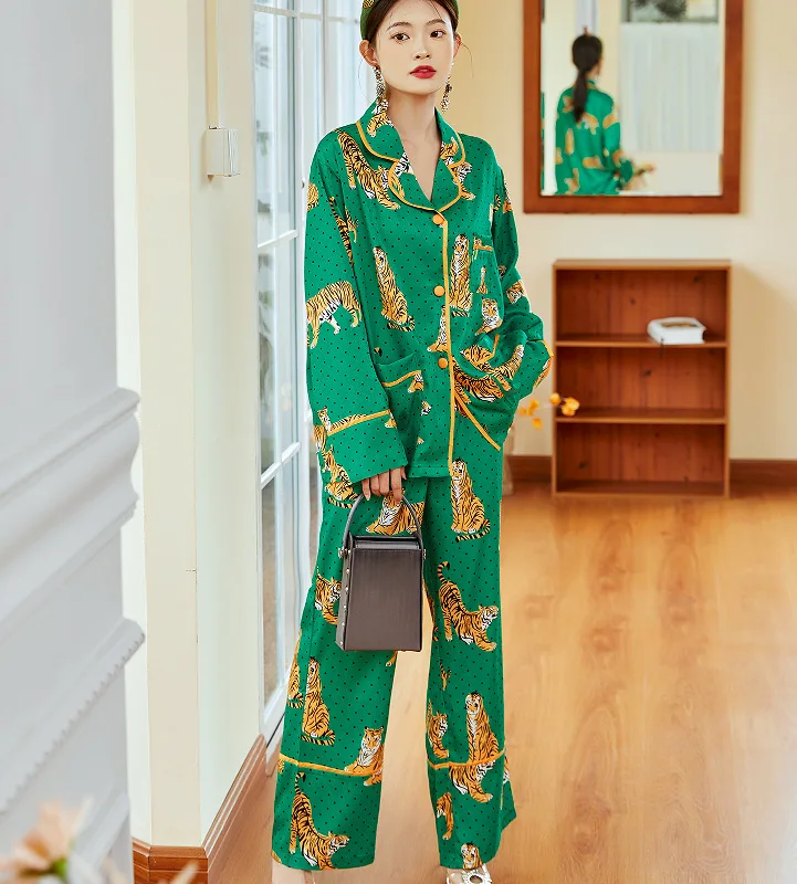Tiger Premium Ice Silk Pajamas Women's Long Sleeve Pants New pigiami donna  pjamas for women