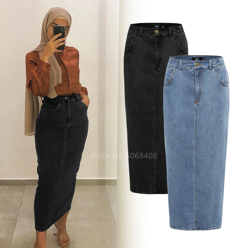 Muslim Women's Denim Dubai Long Pencil Skirt Dress Hijab Turkish Islamic Clothing High Waist Arab Tight Skirt