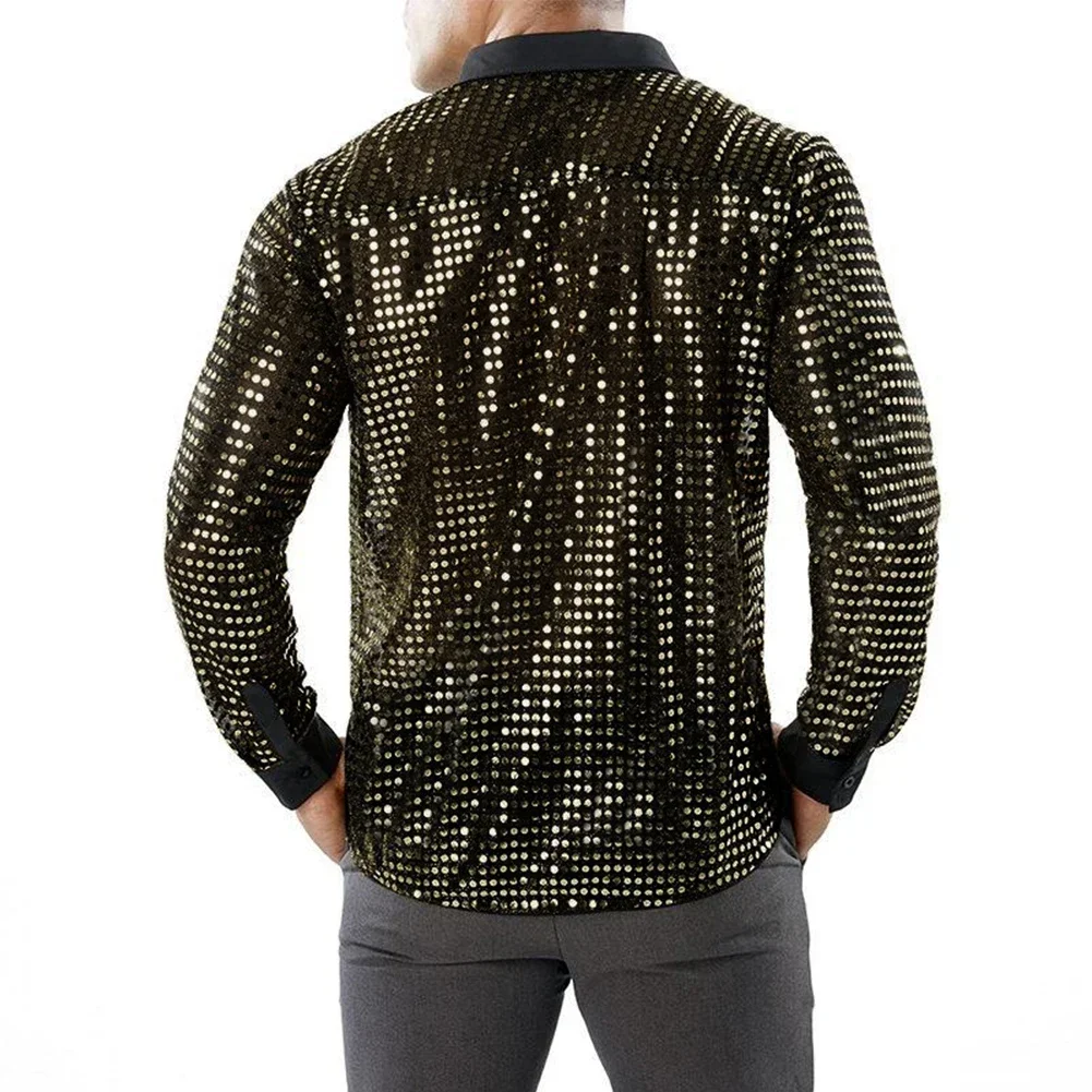 Złota M-2XL Poliester Regularna Retro 70s Disco Cekiny Koszula Błyszcząca Stylowa Zupełnie Nowa Wygodna Gorąca Męska Z Długim Rękawem