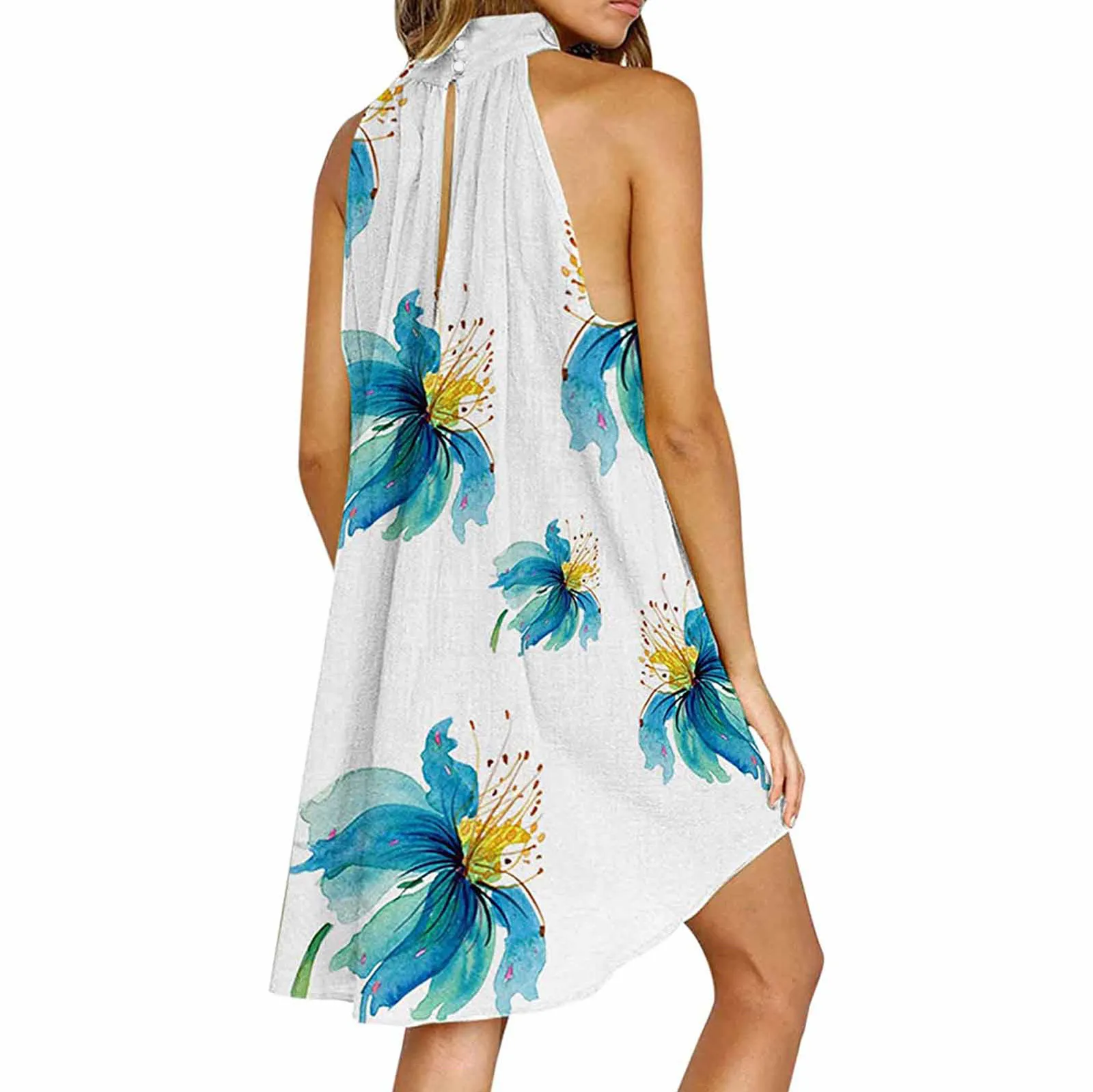 

Женские летние платья с лямкой на шее, сарафан с цветочным рисунком без рукавов, длиной до колен, асимметричное пляжное платье, платья для же...