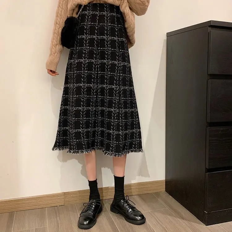 

Knitted Skirts High Waist Elastic Plaid Printing A-line Mid-length A-line Skirt Casual Women Clothes Fashion Elegant T385