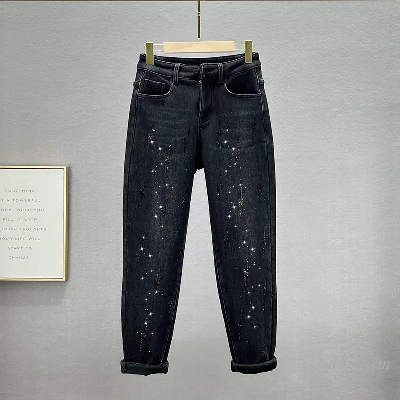 

Fleece-Lined Thick Jeans Women's Winter Black Denim Pants 2022 New High Waist Loose European Style Rhinestone Harem Pants