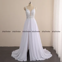 weilinsha v neck spaghetti strap wedding dresses for brida white lace chiffon summer bridal gowns sleeveless women dress robe de