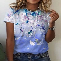 summer 3d floral short sleeve t shirt women outdoor street style fashionable comfort polyester fabric crew neck top