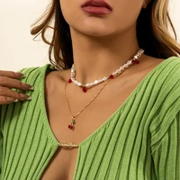 multilayer sweet red cherry crystals pendant pearl beaded necklace for women fashion golden metal chain necklace jewelry party