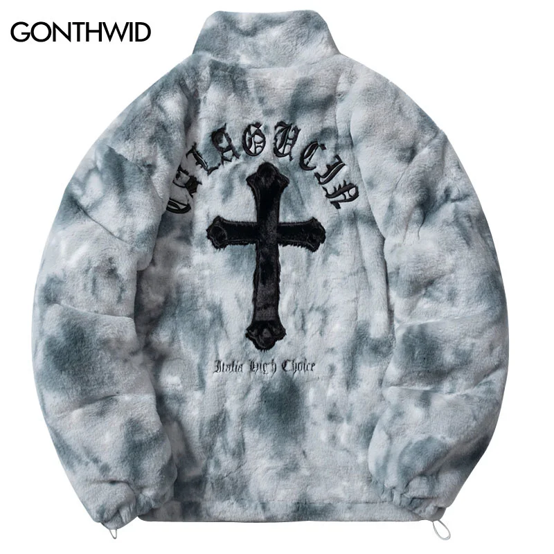 

Hip Hop Faux Fur Fleece Jacket Parkas Streetwear Winter Embroidery Fuzzy Fluffy Thicken Warm Padded Coat Harajuku Zipper Jackets