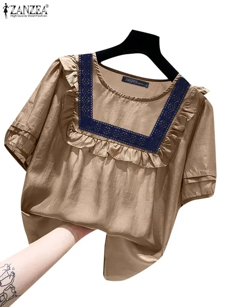 Летняя Блузка ZANZEA элегантная кружевная рубашка в стиле пэчворк женские