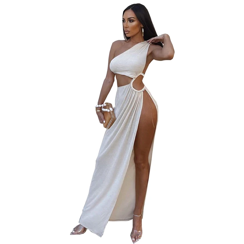 

Fashion Design Tank Top Long Dress Summer Vestidos Irregular High Waist Hollow White Sleeveless Sexy Slit Dresses For Women 2022