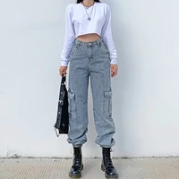fashion streetwear women loosed high waist zipper long jeans with big pockets for hip hop vintage demin all match cargo pants