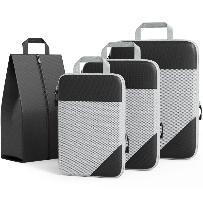 

Travel Compressed Packing Cubes Storage Set With Shoe Bag Mesh Visual Luggage Organizer Portable Lightweight Suitcase Bag
