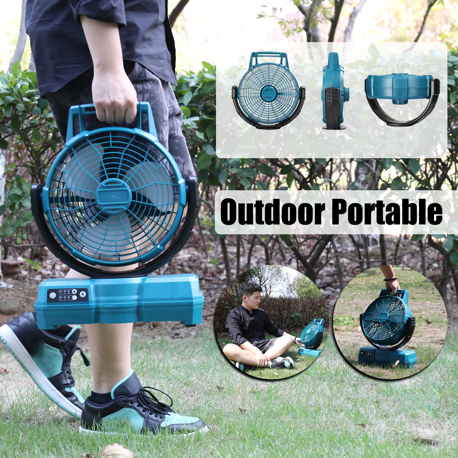 

Portable Camping Fan Rechargeable Outdoor Picnic Fan Cordless Rotation Timing Fans Cooling 3 Gear Adjustment with Head Shaking