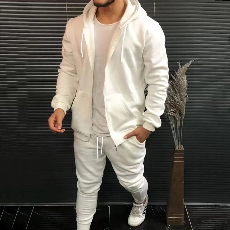 

Autumn Fashion Long Sleeve Winter Zipper Tops Cardigan Drawstring Pencil Pants Pockets Sportwear Solid Hooded Mens Two Piece Set