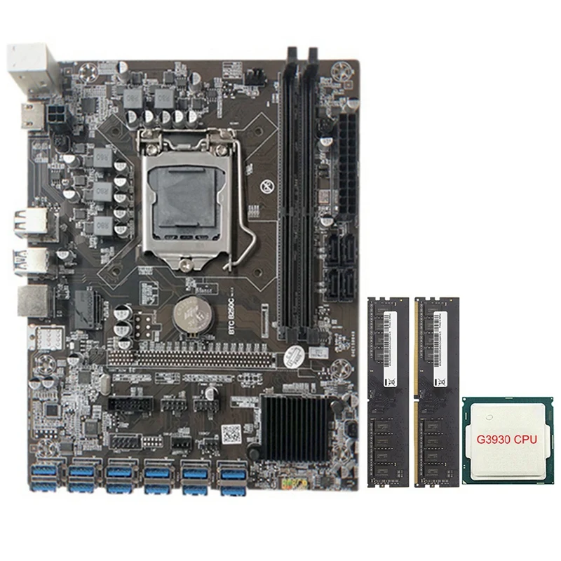 

Материнская плата для майнинга B250C с процессором G3930 + 2XDDR4 4G 2133 МГц ОЗУ 12xpcie на USB3.0, слот для графической карты для BTC