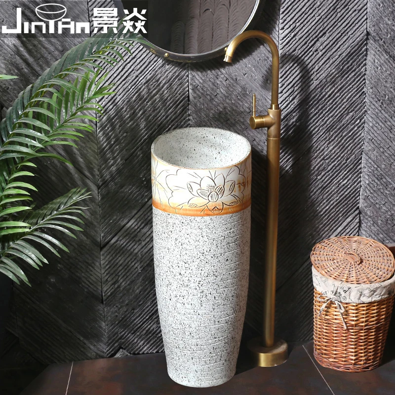 

Retro Ceramic Pillar Basin Column Style Washbasin Antique Outdoor Villa Floor Wash Basin Integrated Inter-Platform