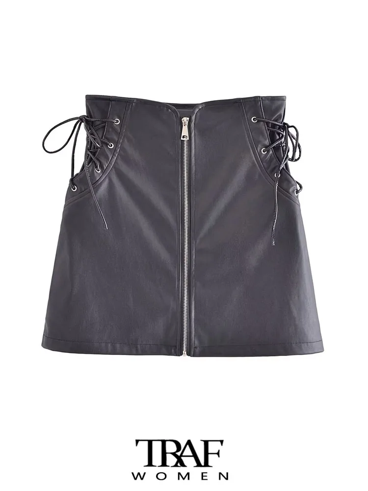 

TRAF Women Fashion With Tied Faux Leather Mini Skirt Vintage High Waist Front Zipper Female Skirts Mujer