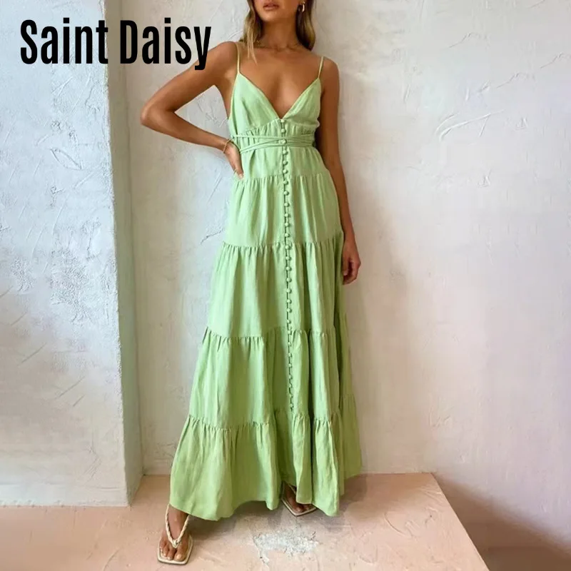 Saintdaisy Dress for Women 2022 Ruched Prom Summer Spaghetti Strap V-Neck French Robe Femme Chic Et élégante Camisole Style 5448