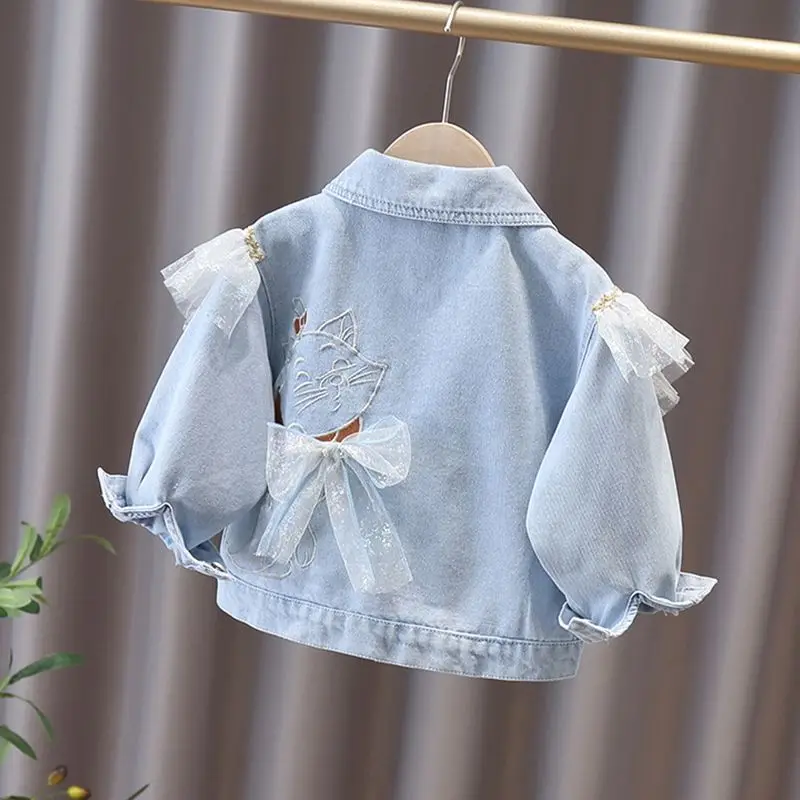 

Girl Full Sleeve Cat Casual Toddler Fall Fashion Spring Cartoon Tops Lace Girls Jean Outwear Bow Falbala Embroidery Denim Jacket