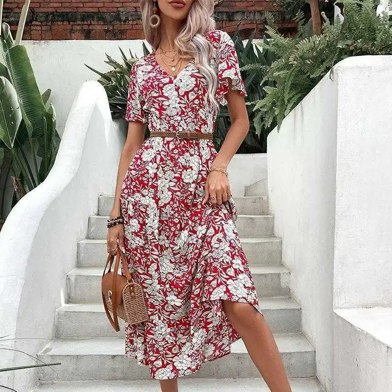 

Summer Fashion Dress Womens Clothing Red Printed Short Sleeve Elegant