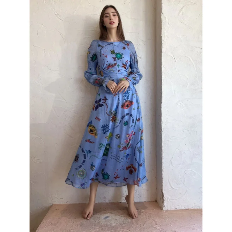 

Custom Print Dress Fashion Long Lantern Sleeve Pleated Waist Cut Out Dress Maxi Casual Holiday Women 2023 Farm Inspiration Dress