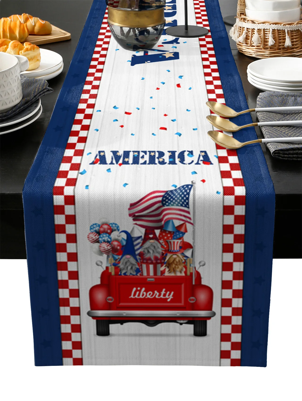 

Independence Day Truck Gnome Flag Table Runner Wedding Festival Table Decoration Home Decor Kitchen Table Runners Placemats