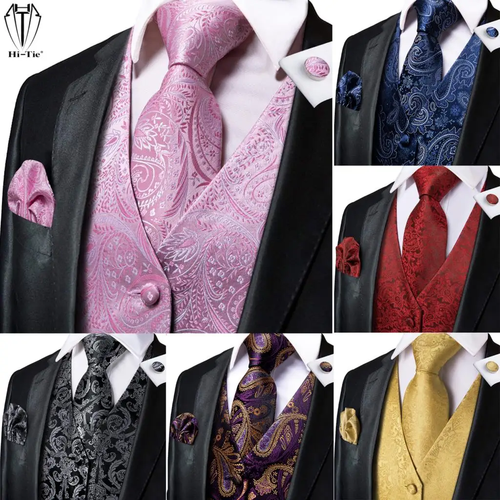 

Hi-Tie Silk Mens Vests Jacquard Waistcoat Necktie Hankerchief Cufflinks Hanky Holder Tie Clip Collar Pin for Men Wedding Gift