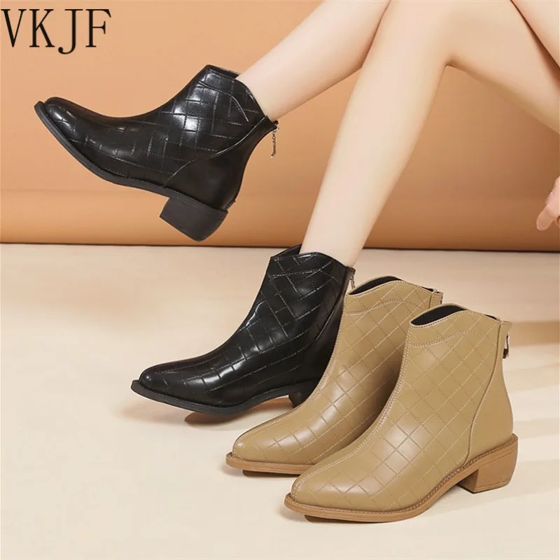 

Women's Ankle Boots Fashion Ankle 2024 New England Style Plush Thick Heel Zip Black Rubber Botas De Mujer Square Heel Chelsea