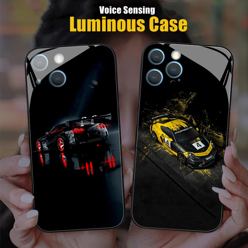 

Sport Car 7 Color LED Light Glowing Luminous Tempered Glass Phone Case for OnePlus 6 6T 7 7T 8 8T 9 9R 10 Ace Nord N20 N200 Pro