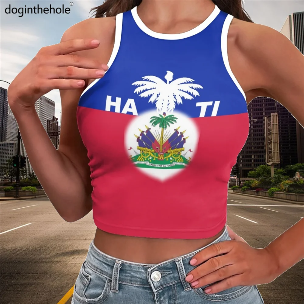 

2023 Summer Slim Fit Short Top Sexy Women Sleeveless O Crop Tops Tank Tops Haiti Flag Printed Ladies Crop Vest Tops Wholesale