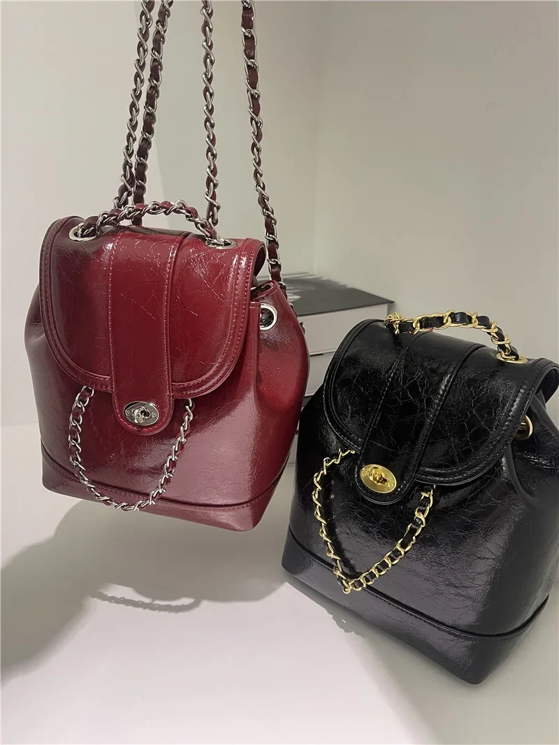 

Chain Wax Backpack Leather Shot Bucket Graceful Oil New Southkorea Leather Small Cardinal Detail Real